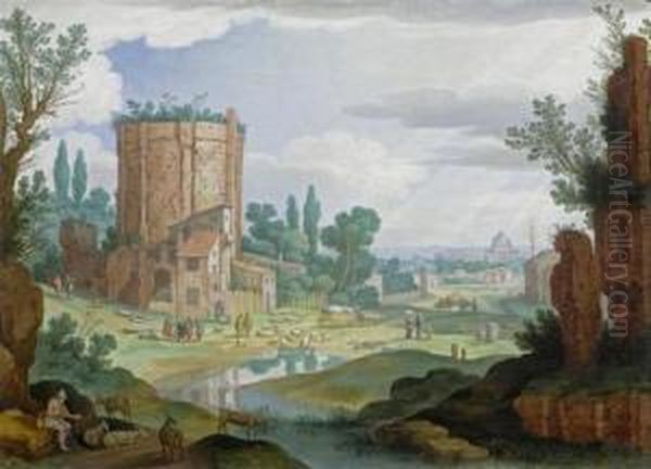 Ruins In A Mediterranean Landscape With Herdsmen And Sheep With A View Of Rome In The Background Oil Painting by Willem van, the Younger Nieulandt