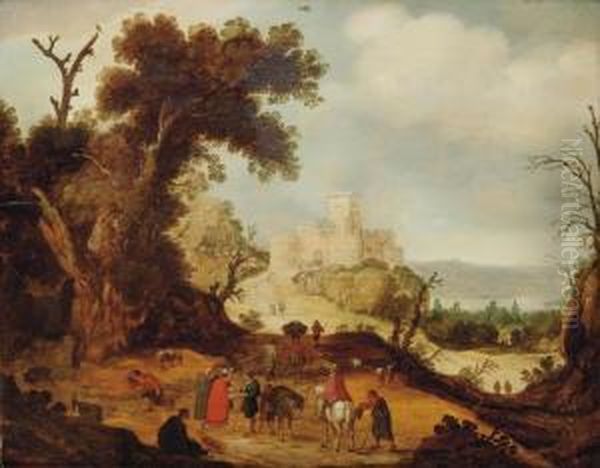 Attributed To Willem Van Nieulandt Ii An Italianate Landscape With Travellers And A Fortune Teller On Apath, A Fortification Beyond Oil Painting by Willem van, the Younger Nieulandt