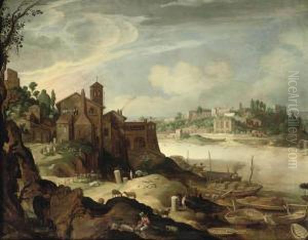 View Of The River Tiber With The Ripa Grande, Rome Oil Painting by Willem van, the Younger Nieulandt