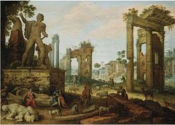 The Forum Romanum: Shepherds With Their Flock Amidst The Remains Ofroman Antiquities, An Amorous Peasant Couple In Theforeground Oil Painting by Willem van, the Younger Nieulandt