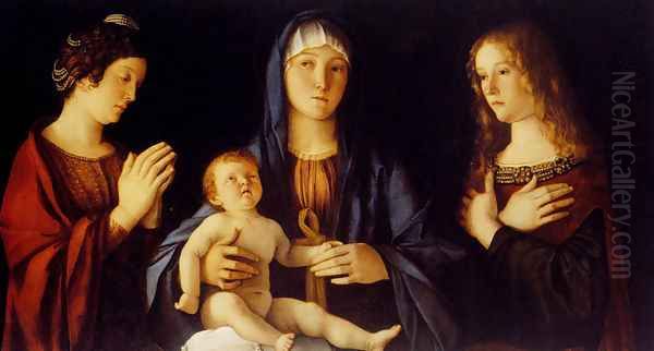 Virgin and Child between St. Catherine and St. Mary Magdalene (Madonna col Bambino tra le sante Caterina e Maddalena) Oil Painting by Giovanni Bellini