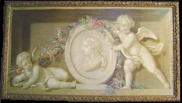 Putti In A Niche With A Portrait Relief Surrounded By A Garland Offlowers Oil Painting by Dionys Van Nijmegen