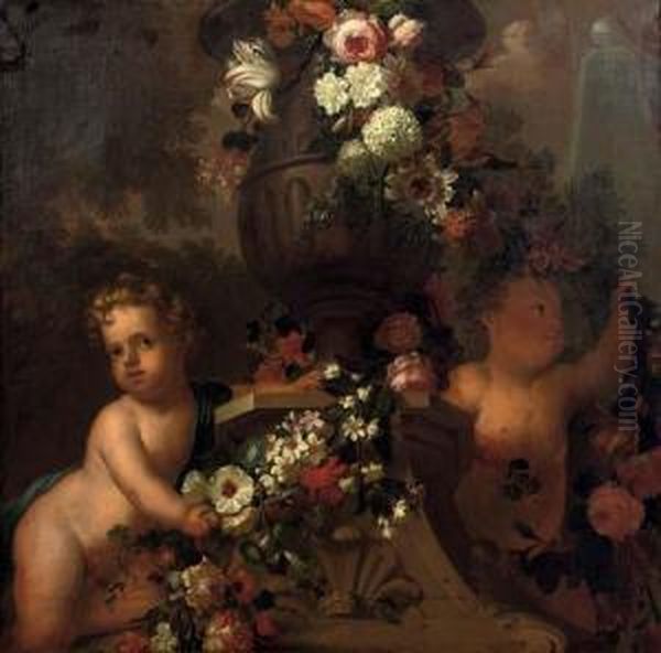 Putti Playing With Garlands Of Flowers By A Classical Urn In A Park Landscape Oil Painting by Elias Van Nijmegen