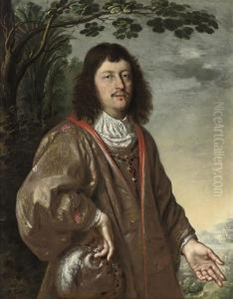 Portrait Of A Gentleman, Three-quarter-length, In A Goldembroidered Mantle, A Plumed Cap In His Right Hand, In Alandscape Oil Painting by Jan Rutgers Van Niwael