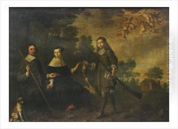 Portrait D'une Famille De Chasseur Sur Fond De Paysage Oil Painting by Jan Rutgers Van Niwael