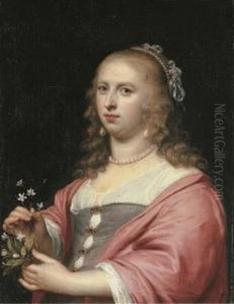 Portrait Of A Lady, Half-length, In A White Bodice And Crimson Shawl Holding A Bouquet Of Narcissi Oil Painting by Jan Rutgers Van Niwael