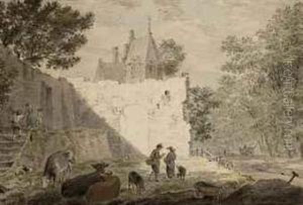 Townspeople And Cattle Near A Ruine Oil Painting by Cornelius van Noorde