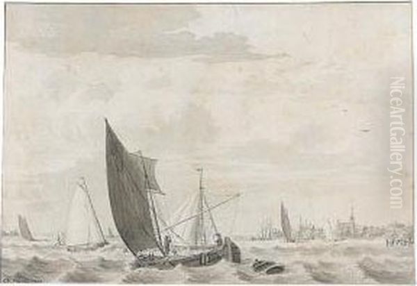 Boats On A Choppy River Estuary Oil Painting by Cornelius van Noorde