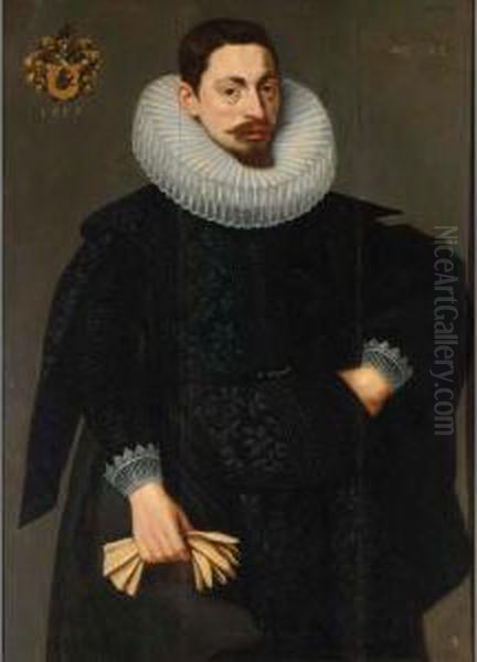 A Portrait Of A Bearded Man, Aged 32, Wearing An Elegant Black Suit With White Lace Cuffs, A Mill Stone Collar And Yellow Gloves, Charged With The Sitter's Coat Of Arms Oil Painting by Adam van Noort