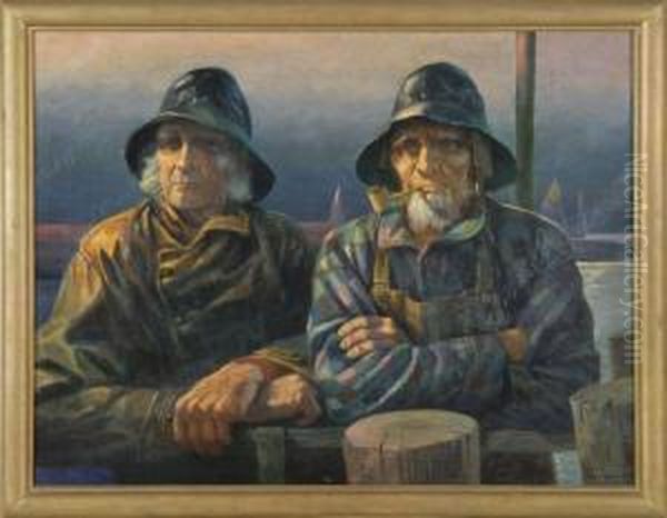 Two Fishermen In Foul Weather Gear Oil Painting by Chester K. Van Nortwick