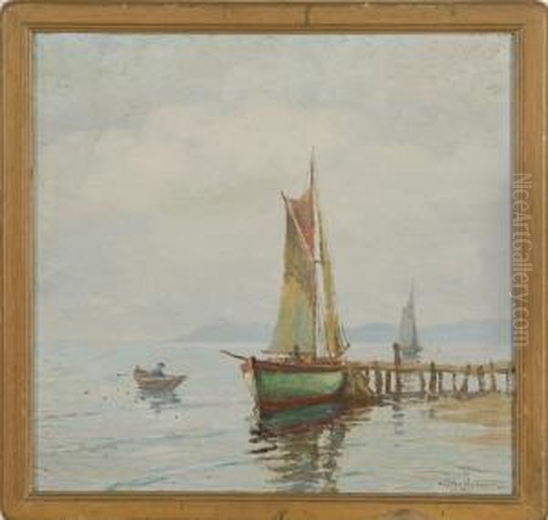 Fishing Boat At A Pier Oil Painting by Chester K. Van Nortwick