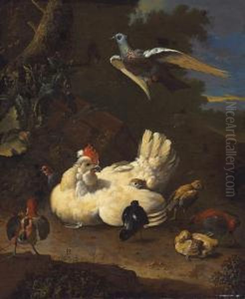 A Hen And Chicks, With A Pigeon, In A Landscape Oil Painting by Adriaen van Oolen