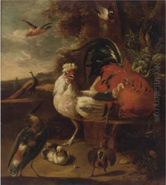 A Cockerel, A Hen, Chicks, A Peacock And Other Birds In A Landscape Oil Painting by Adriaen van Oolen