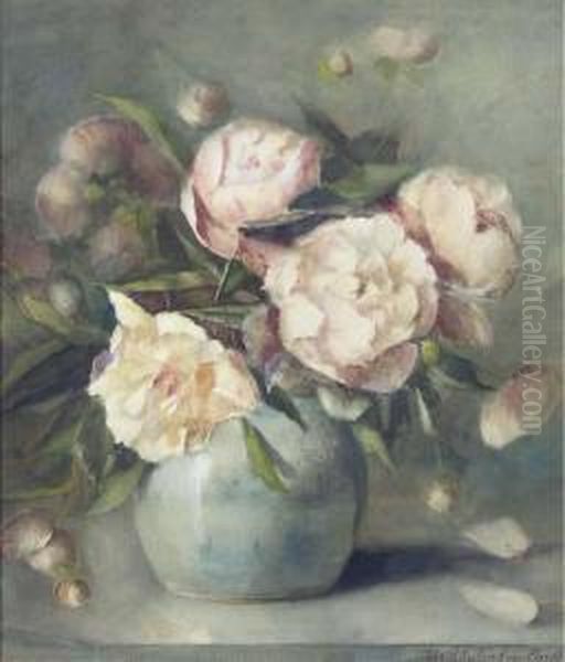 Peonies In A Vase Oil Painting by Adri Bleulandt Van Oordt