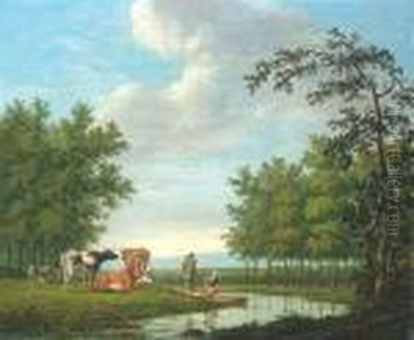 Summery River Landscape With Peasants. Oil Painting by Hendrik Van Oort