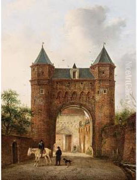 Villagers Near A Town Gate Oil Painting by Hendrik Van Oort