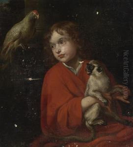 Parrot Watching A Boy Holding A Monkey Oil Painting by Jacob Cornelisz Van Oostsanen