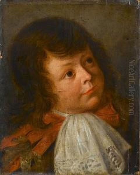 Portrait Of A Young Boy, Bust-length, In A Red Coat With A White Lace Jabot Oil Painting by Jacob Ii Van Oost