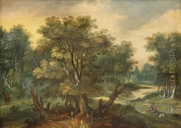 A Wooded Landscape With A Fisherman By A Stream Oil Painting by Isaak van Oosten