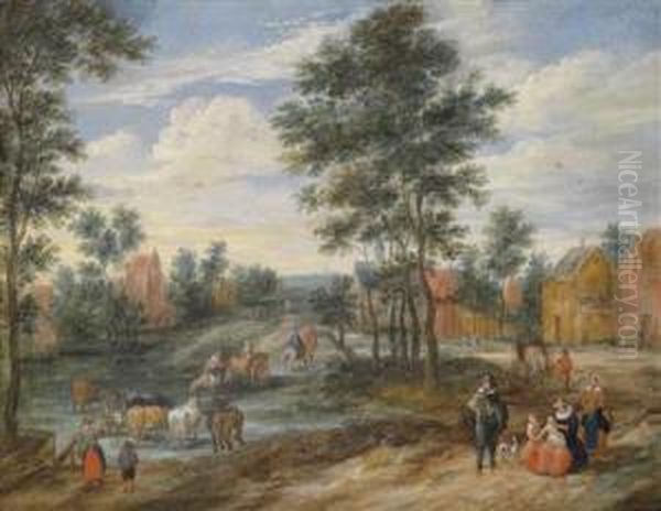 A Village Landscape With Peasants And Cattle Oil Painting by Isaak van Oosten