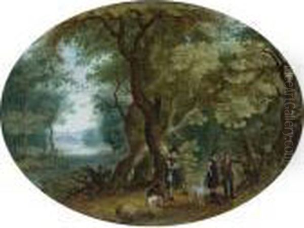 Hunters With Their Dogs In A Wooded Landscape Oil Painting by Isaak van Oosten