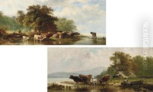 A Woman And Her Cattle In An Extensive Summer Landscape Oil Painting by Dirk Van Oosterhoudt