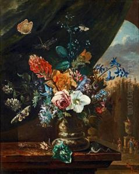 Still Life With Flowers, Insects And Lizzard Oil Painting by Maria van Oosterwyck