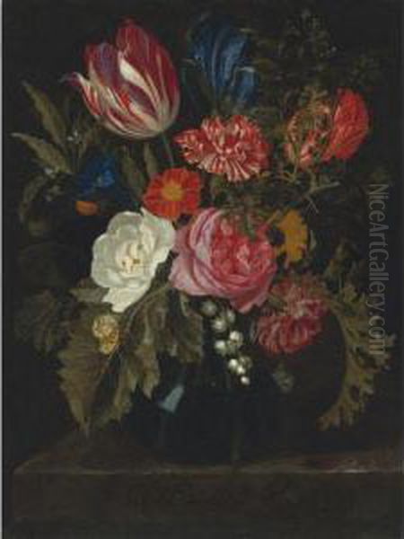 Still Life Of Roses, Carnations, A Tulip And Other Flowers In Aglass Vase Oil Painting by Maria van Oosterwyck