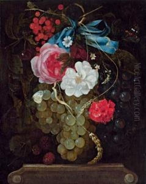 A Carnation, Roses, Grapes, Redcurrants And Berries Hanging From A Blue Ribbon, With Butterflies, Above An Entablature Oil Painting by Maria van Oosterwyck