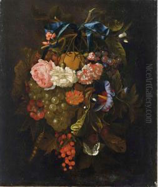 A Swag Of Roses, Carnations And Other Flowers, Grapes, An Orange, And Berries Together With A Butter Fly Oil Painting by Maria van Oosterwyck