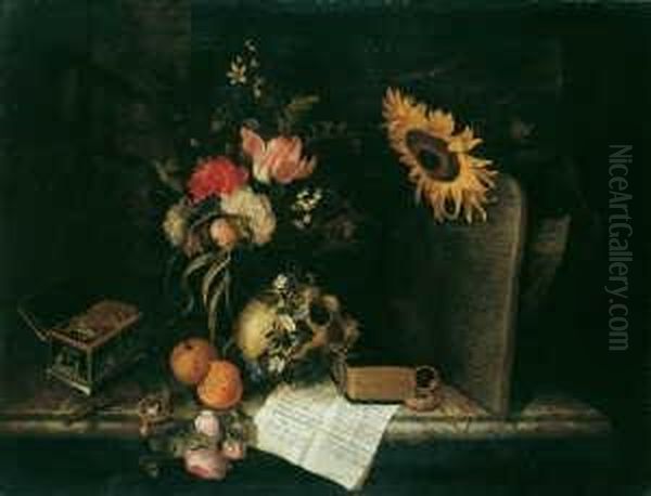 Vanitas-stilleben. Neben Den Auf Einer Marmorplatte Arrangierten Gegenstanden Ein Zettel, Auf Dem Jedes Objekt Einer Bibelstelle Zugeordnet Wird. Oil Painting by Maria van Oosterwyck