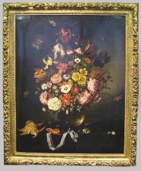 Floral Still Life In A Glass Vase With Reflection Of A Domedchurch, With Butterflies, Seashells, And Pocket Watch Oil Painting by Maria van Oosterwyck