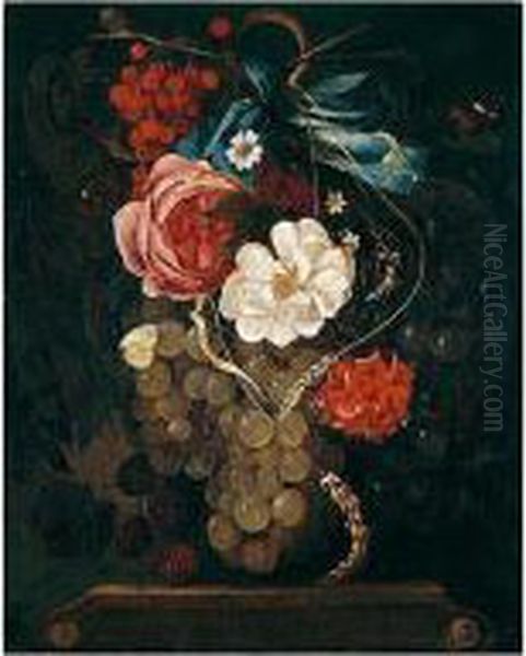 Still Life Of Grapes, Blackberries, Redcurrants, Cornstalks And Roses Suspended On A Blue Ribbon Above An Entablature Oil Painting by Maria van Oosterwyck