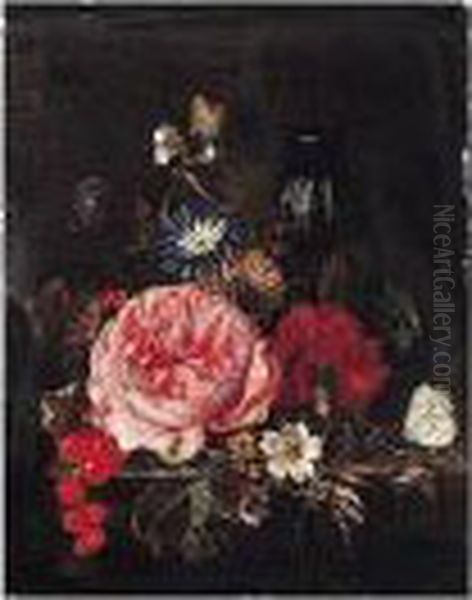 A Still Life Of Roses, A Carnation, Morning-glory, Butterflies, Redcurrants And A Glass Vase, All Arranged Upon A Marble Ledge Oil Painting by Maria van Oosterwyck