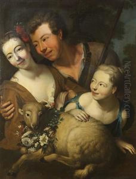 A Huntsman And His Family With A Sheep And A Garland Of Flowers Oil Painting by Kaspar Jakob Van Opstal