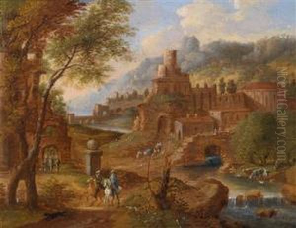 Mountain Landscape With A Castle Andhorsemen Oil Painting by Peter Van Orley