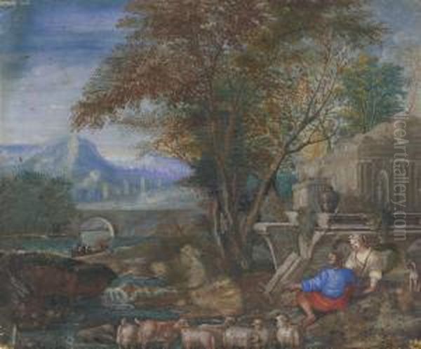 Figures And Animals By Ruins In A Mountainous River Landscape Oil Painting by Richard van Orley