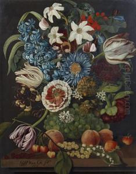 Still Life Of Fruit And Flowers On A Ledge Oil Painting by Georgius Jacobus J. Van Os