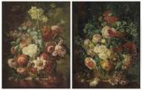 Roses, Parrot Tulips, Narcissi And Other Flowers In A Basket On Astone Ledge Oil Painting by Georgius Jacobus J. Van Os