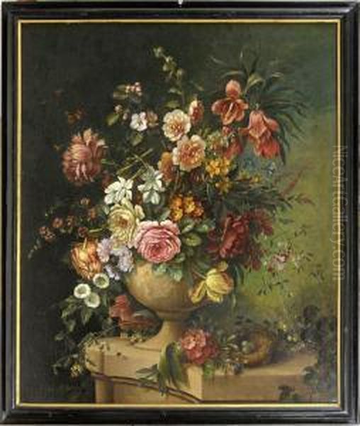 An Urn Of Summer Flowers With A Bird's Nest, Upon A Stone Ledge Oil Painting by Georgius Jacobus J. Van Os