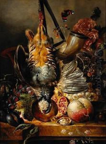 A Still Life Of A Partridge, Fruit Andflowers Oil Painting by Giorgius Jacobus J. Van Os