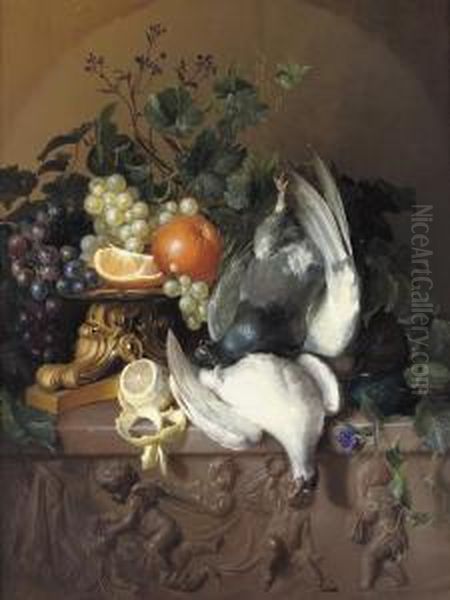 Fruits And Poultry On A Stone Ledge Oil Painting by Giorgius Jacobus J. Van Os