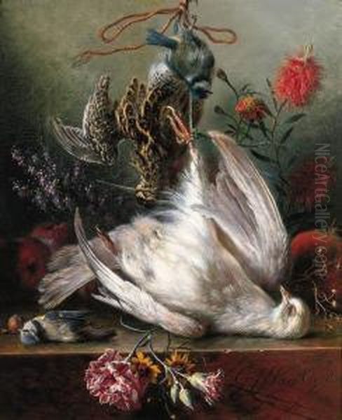 A Still Life With Birds, Carnations, Lilacs, Apples And Apomegranate Oil Painting by Giorgius Jacobus J. Van Os