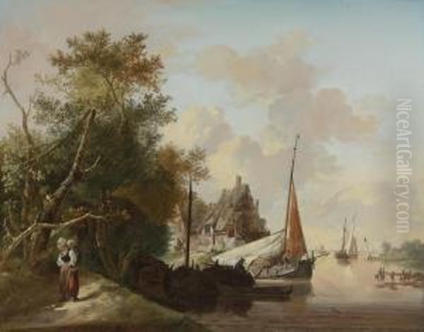 Peasants Unloading Cargo; Mother And Child By A River Oil Painting by Jan van Os