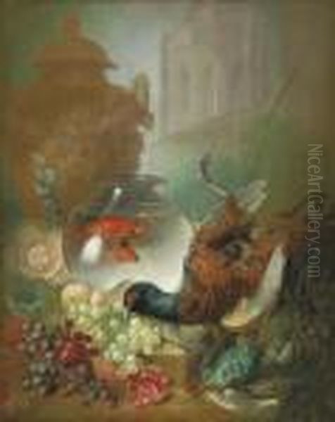 Grapes, Pomegranates, Game, Fish, Goldfish In A Bowl, A Classical Urn Oil Painting by Jan van Os