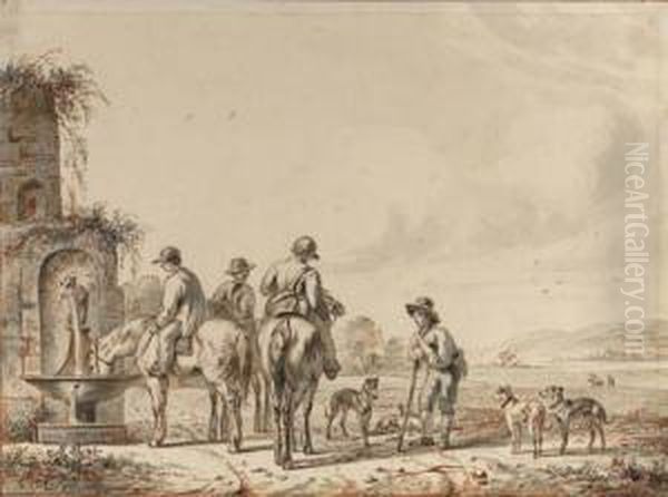 Horsemen Watering Their Horses At A Well, Conversing With Atraveller With Dogs Oil Painting by Pieter Frederick Van Os