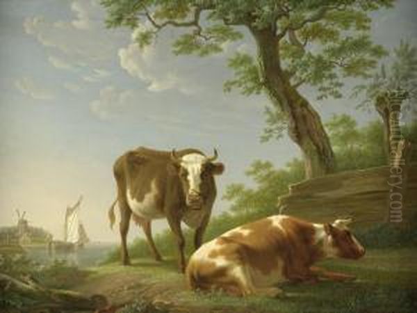 Rinder Bei Einem Baum Vor Einer Fluslandschaft Oil Painting by Pieter Gerardus Van Os