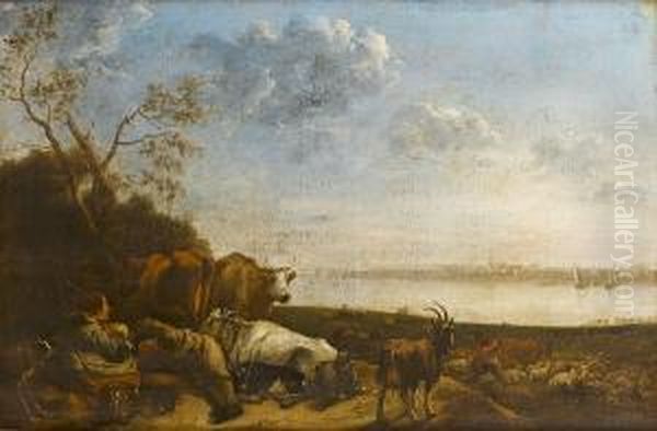 A Shepherdess And Cowherd Resting With Their Livestock In A River Meadow At Dusk Oil Painting by Jan Van Ossenbeck