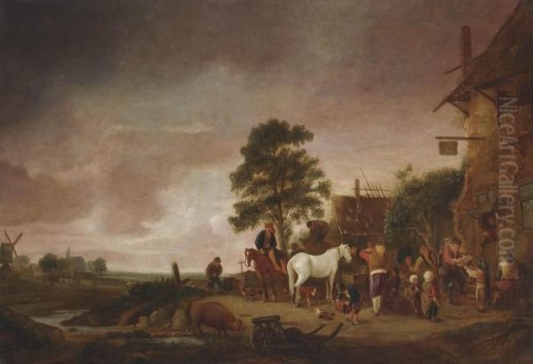 A Village Scene Outside A Tavern Oil Painting by Isaack Jansz. van Ostade