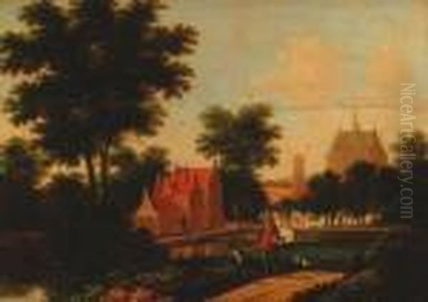 Travellers Halting On A Track By A Canal, A Mansion And Windmillbeyond Oil Painting by Johannes Dirckz. Van Oudenrogge